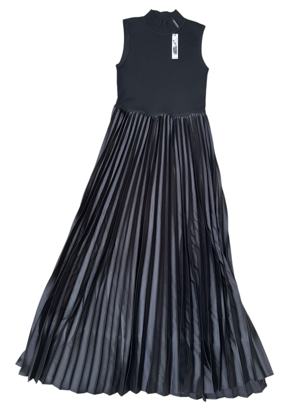 Elie Tahari Mixed Media Pleated Skirt Maxi Dress Black Knit Mock Neck A Line, M